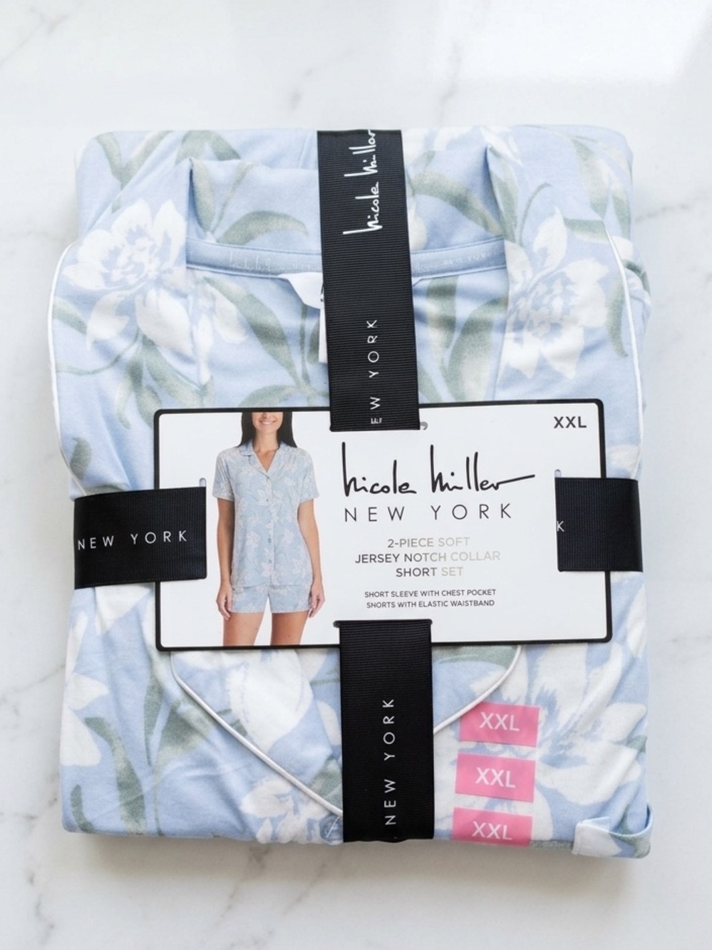 NWT Nicole Miller NY Blue White Floral 2-Piece Pajama Short Set XXL